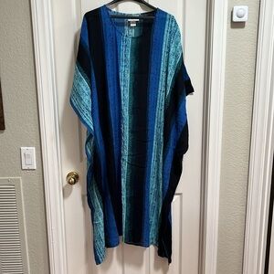 Expressions Bohemian Maxi Caftan House Dress MuuMuu Swim Cover Up Blue Colorful